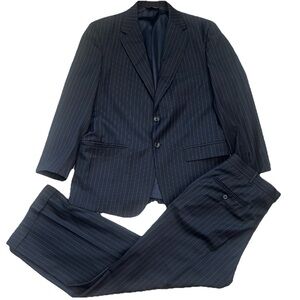 Leonidas Two Piece Super 140s Cashmere Wool Stripe Blue Suit Set 42R Pants 34x28